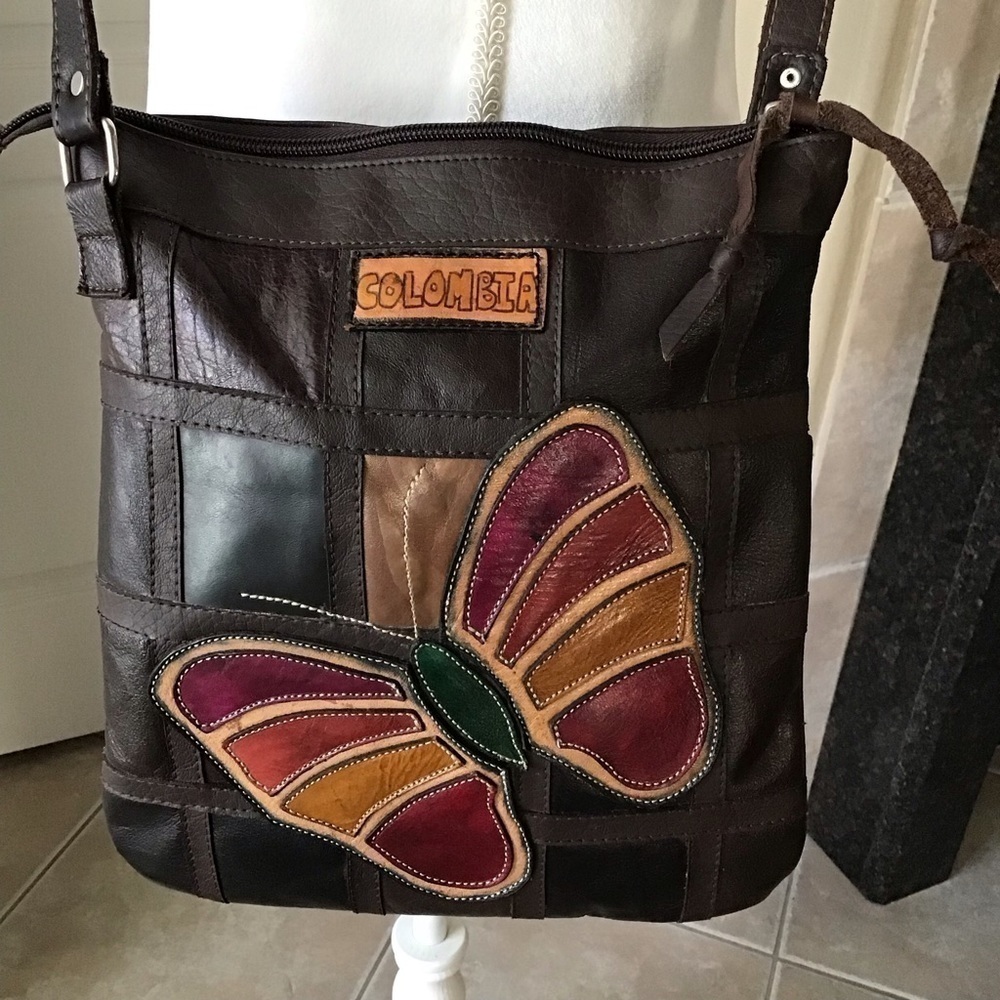 Leather Crossbody Purse Medellin Colombia Patchwork Butterfly Handmade Vintage - Picture 2 of 16